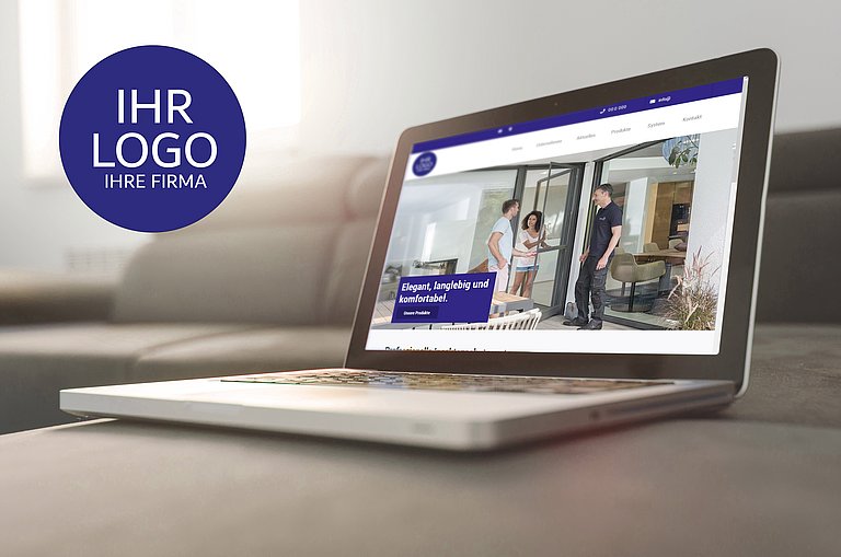 Laptop mit Händler-Website im Lämmermann-Design und eigenem Logo