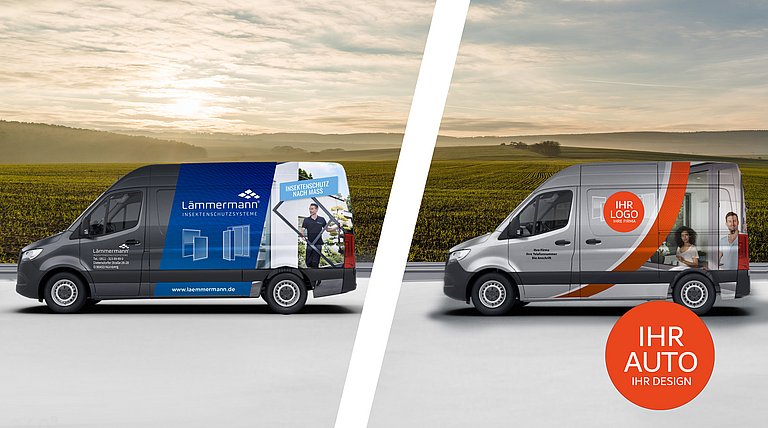 Fahrzeugbeschriftung für Händler: Transporter im Lämmermann-Design und mit eigenem Logo